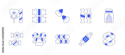 Candy icon set. Duotone style line stroke and bold. Vector illustration. Containing candy, candies, candy cane, candy stick, jelly beans.