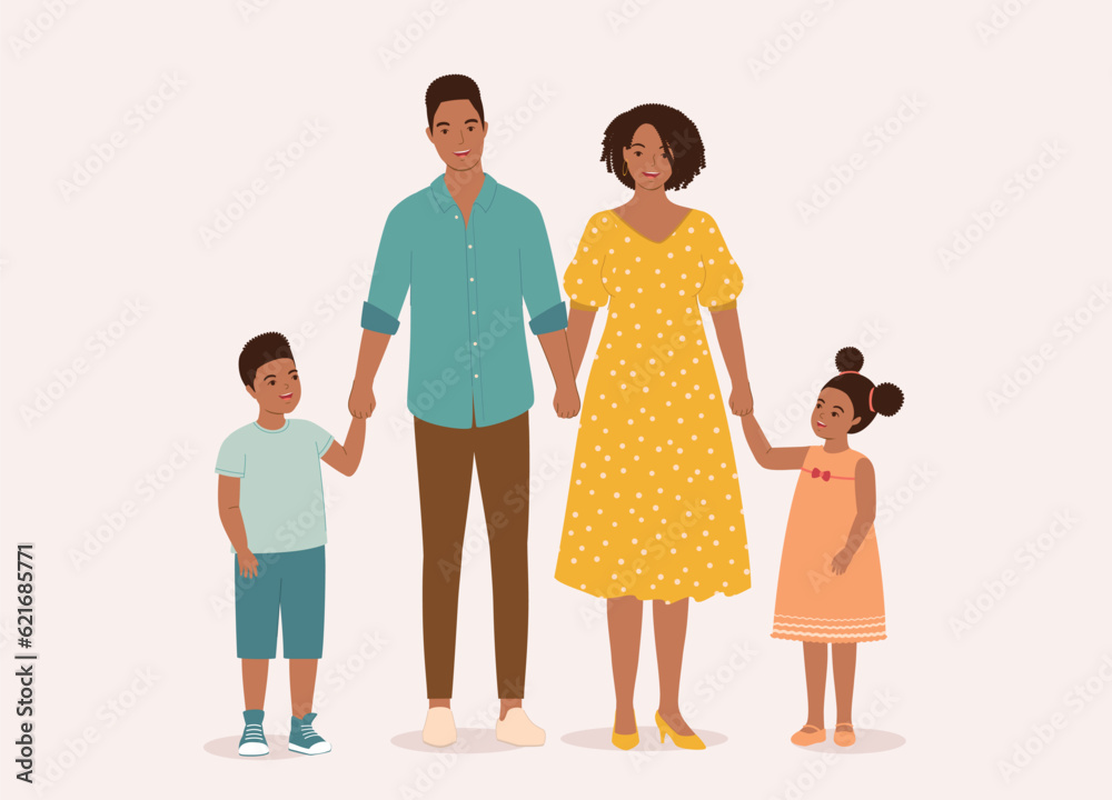Smiling Young Black Family With Two Children, One Son And One Daughter Standing And Holding Hands Together. Full Length. Flat Design Style, Character, Cartoon. Smiling Young Black Family With Two Children, One Son And One Daughter Standing And Holding Hands Together. Full Length. Flat Design Style, Character, Cartoon.