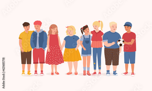 Group Of Smiling Little White Kids With Different Hair Styles And Body Sizes Interacting With Each Other In Various Ways. Full Length. Flat Design Style, Character, Cartoon.