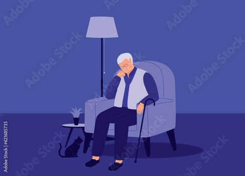 One Senior Man With Depression Sitting On Couch And Living Alone With His Cat At Home. Full Length. Flat Design, Character, Cartoon.