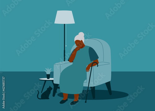One Senior Black Woman With Depression Sitting On Couch And Living Alone With Her Cat At Home. Full Length. Flat Design, Character, Cartoon.