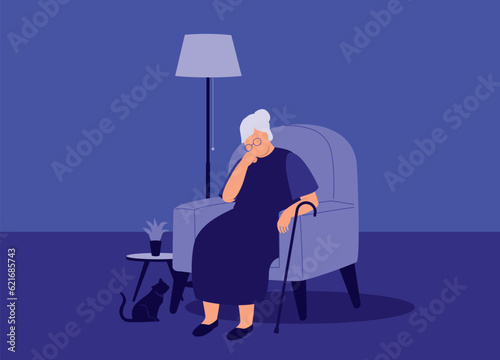 One Senior Woman With Depression Sitting On Couch And Living Alone With Her Cat At Home. Full Length. Flat Design, Character, Cartoon.