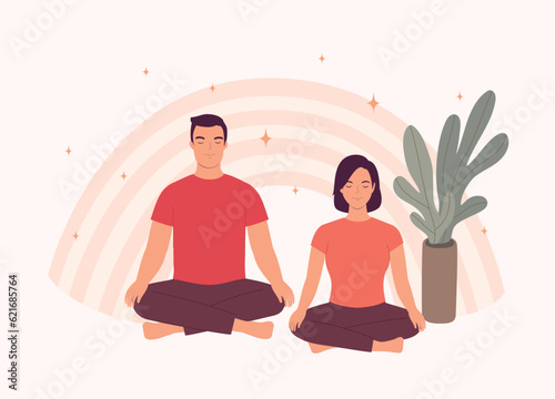 Smiling Young Couple Sitting In Cross-Legged And Eyes Closed Doing Meditation Together. Full Length. Flat Design Style, Character, Cartoon.