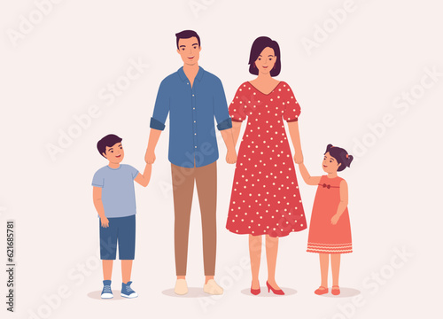 Smiling Young Family With Two Children, One Son And One Daughter Standing And Holding Hands Together. Full Length. Flat Design Style, Character, Cartoon.