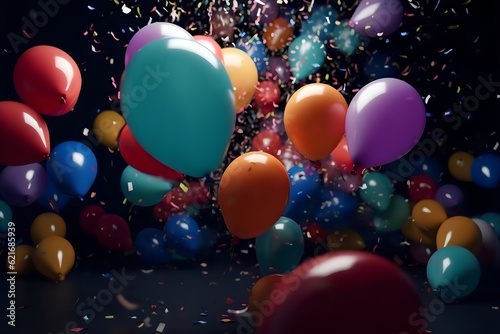 Flying Multicolored Balloons on a Confetti Background, Perfect for New Year's Panels, Photography, and a Beautiful Party Ambience. Generative AI