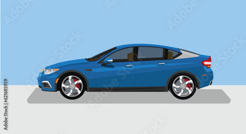 Concept vector illustration of detailed side of a flat blue car. with shadow of car on reflected from the ground below. Isolated blue and gray background.