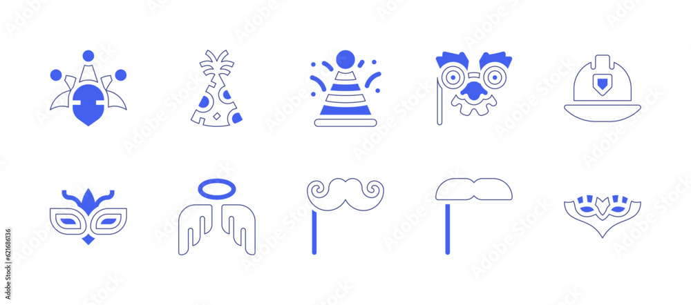 Costume party icon set. Duotone style line stroke and bold. Vector illustration. Containing carnival, party hat, disguise, firefighter helmet, mask, angel, mustache, mustaches, carnival mask.