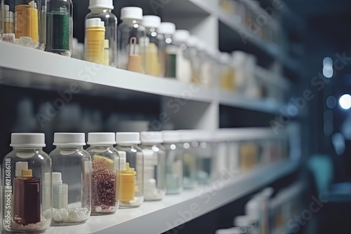 Pharmacy Drugstore blurred background, medical pills and bottles on the table, Health concept