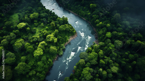 An Arial View of a River and Green Rain Forest