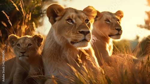 Female Lions Gazing into Distance during Golden Hour Sunset © Missy Humbow