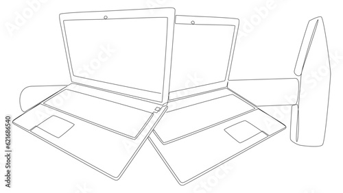 One continuous line of Laptop with Hammer. Thin Line Illustration vector concept. Contour Drawing Creative ideas.