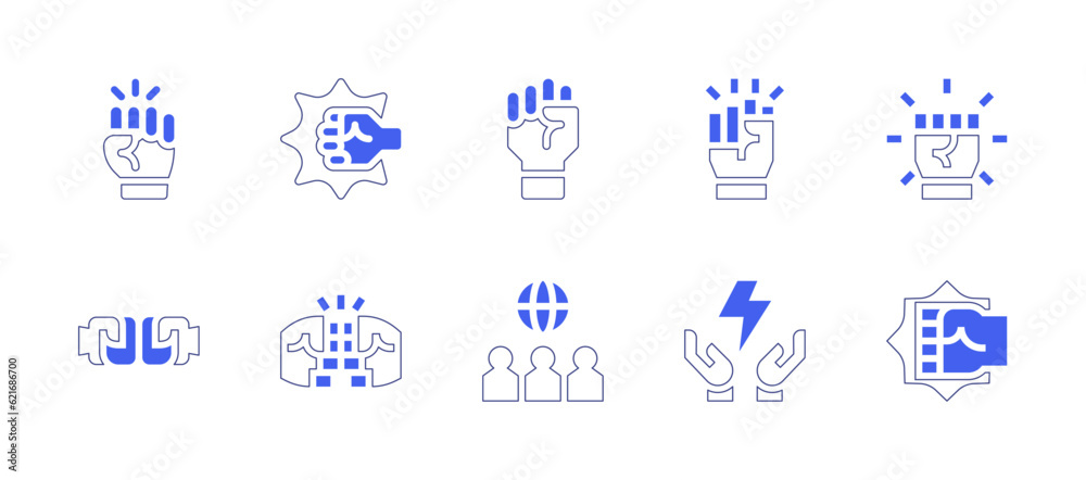 Empowerment icon set. Duotone style line stroke and bold. Vector illustration. Containing fist, hand, fist bump, fists, equality, energy, violence.