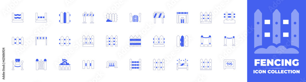 Fencing icon collection. Duotone style line stroke and bold. Vector illustration. Containing hurdle, picket fence, fence, gate, prison, fences, frame, real estate, barbed wire, and more.