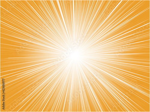 鮮やかに発光する太陽光線イメージの集中線背景_オレンジ