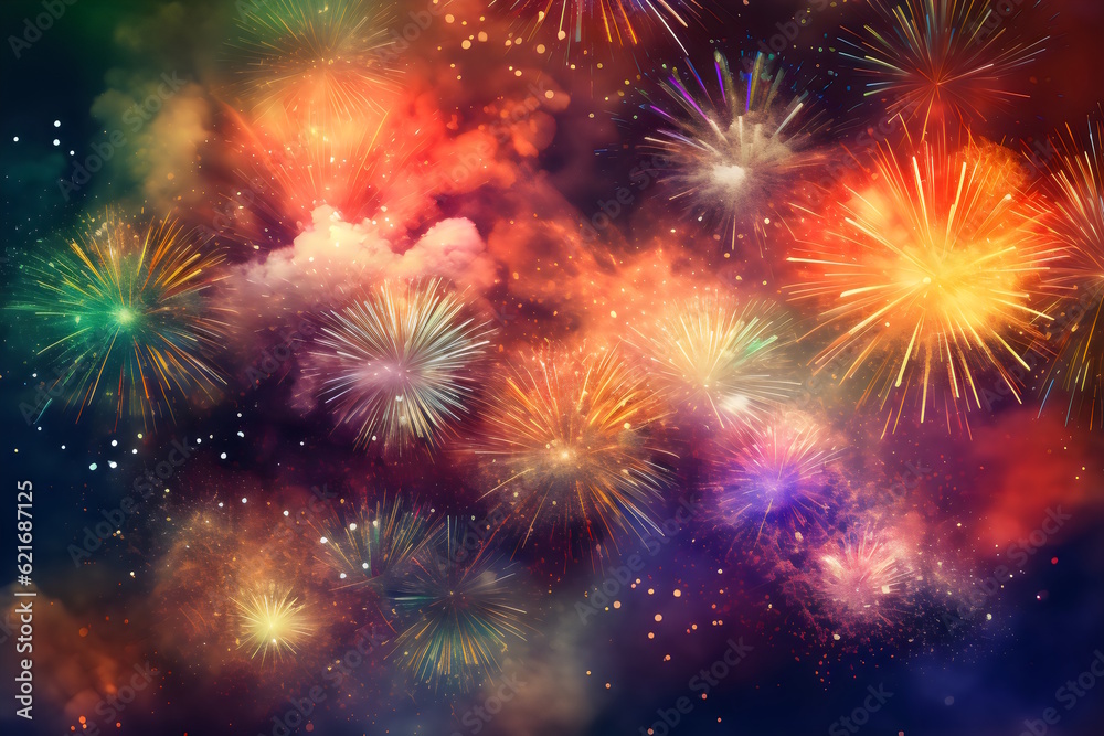 Naklejka premium Midnight Fireworks Spectacle: A Vibrant Celebration to Welcome the New Year with Joy and Splendor. Generative AI