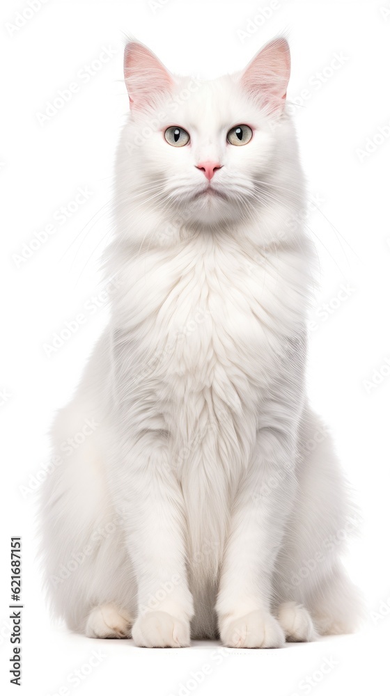 a white cat sitting in front of a white background