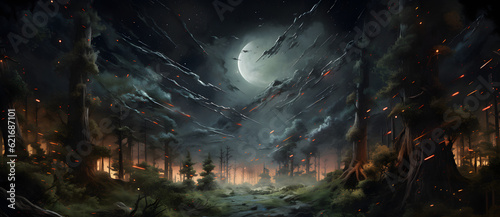 a painting of an area surrounded by trees and lightning Generated by AI
