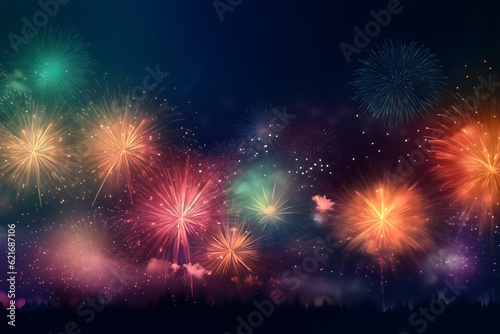 Midnight Fireworks Spectacle  A Vibrant Celebration to Welcome the New Year with Joy and Splendor. Generative AI