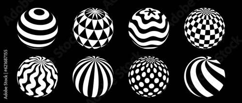 Collection of spheres with different patterns. Striped, checkered, waved and dotted 3d balls set. Black and white geometric elements for design templates, icons, logo. Abstract vector globes pack