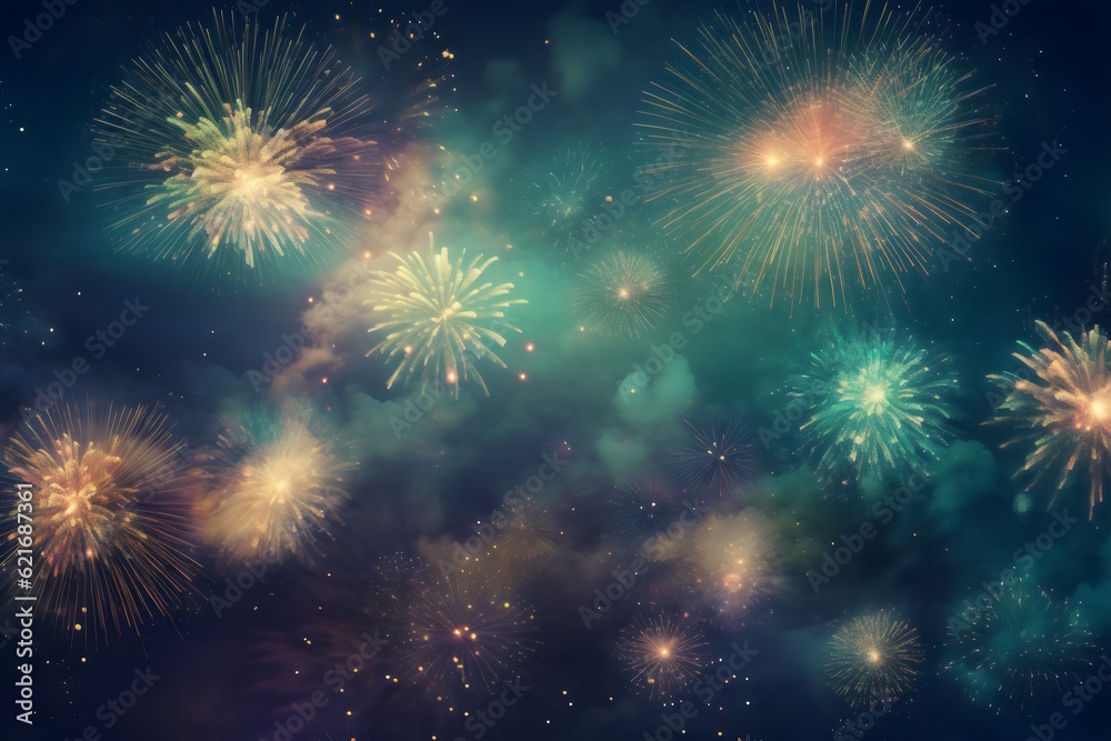 Fototapeta premium Midnight Fireworks Spectacle: A Vibrant Celebration to Welcome the New Year with Joy and Splendor. Generative AI