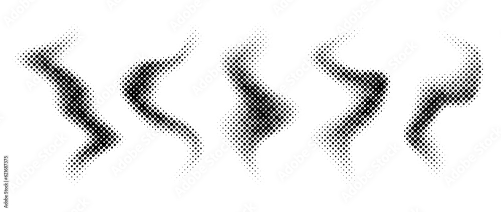 Halftone smoke texture collection. Black and white dotted fog background set. Comic style fume cloud design element pack. Monochrome pixelated grunge shapes. Vector bundle