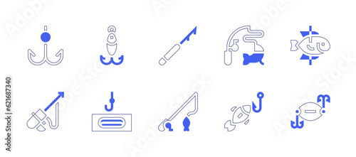 Fototapeta Naklejka Na Ścianę i Meble -  Fishing icon set. Duotone style line stroke and bold. Vector illustration. Containing hook, bait, harpoon, fishing rod, fishing.