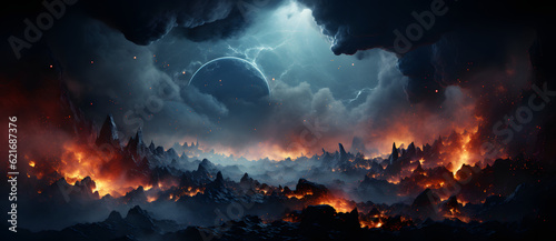 a space scene with mountains and fire in the background Generated by AI