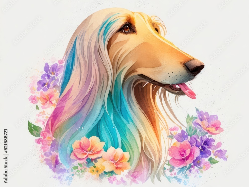 Afghan Hound with colorful flower painted in watercolor on a white background.generative AI
