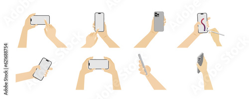 Human hands using and holding smartphones. Touch screen mobile phone with a blank display. Man’s arm touch device with fingers, zoom, tap, and swipe gestures isolated on white. Vector.