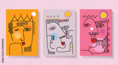 Abstract fine art vector portrait of people face illustration. Line, colorful, design for wall art, poster, cards, home decoration and prints.