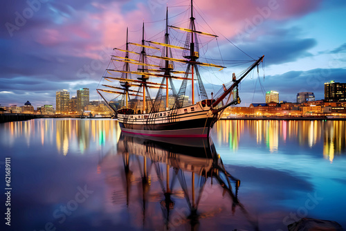 tall ship in modern harbor near sunset