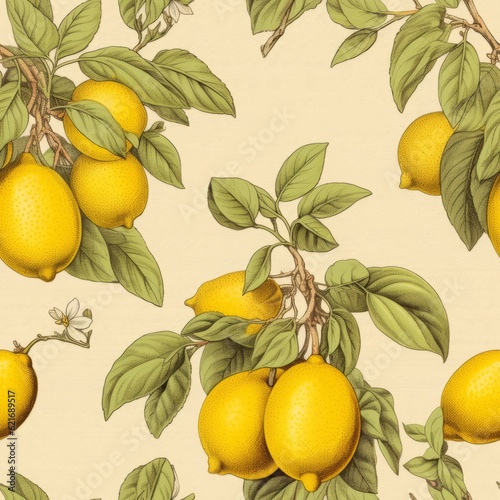 Vintage Lemon Pattern With Victorian Engravings Style photo