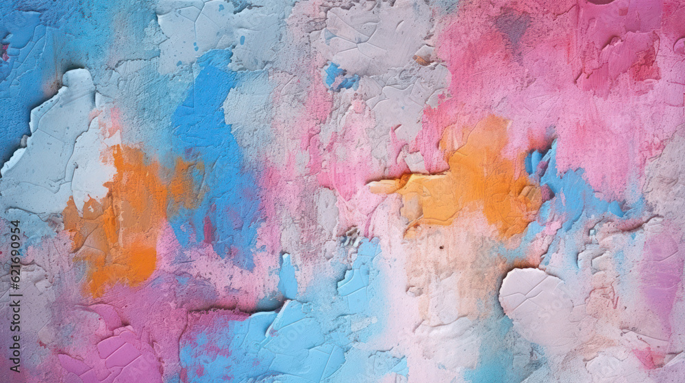 Old concrete wall with peeling pastel paint. Grunge wallpaper. Orange, blue, gray colors.