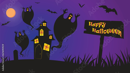 Happy Halloween wish on wood with vector illustration, spooky ghosts, bats, scary witch house and grave