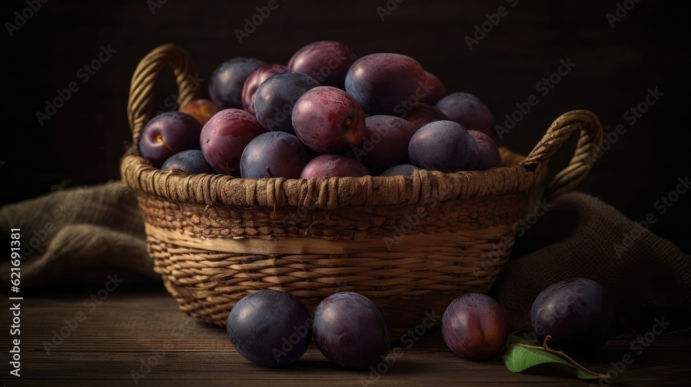 Obraz premium Closeup Fresh Plum Fruits in a bamboo basket with blur background