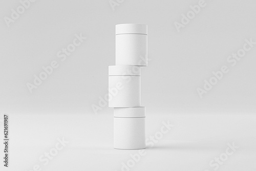 Set of Cylinder Paper box mockup,  stack paper tube background, Short paper tube packaging vertically stack mockup, rigid tube box container 3D render, Short cylinder product packaging, tin can mockup