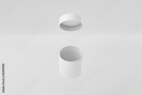 Open Cylinder Paper box mockup, Floating Short paper tube with lid open mockup on white background, round paper tube mailing packaging, luxury product rigid box container 3D render, tin can packaging