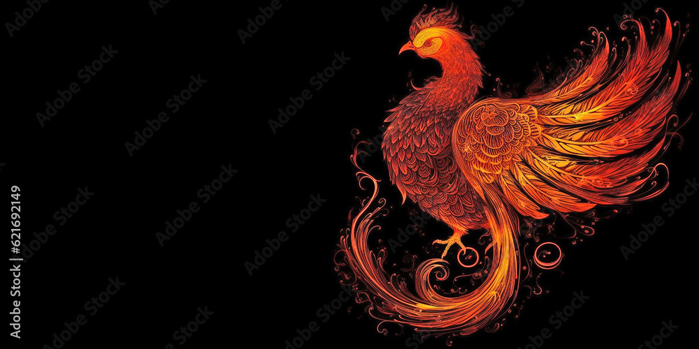 Fiery silhouette of the fabulous phoenix bird, on an isolated black background. Generative AI Fiery silhouette of the fabulous phoenix bird, on an isolated black background. Generative AI