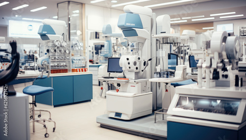 Patient at an eye check-up in phoropter. Minimalist, natural colors, bright background