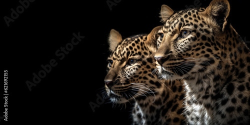 Portrait of two leopards or jaguars on an isolated black background. Generative AI