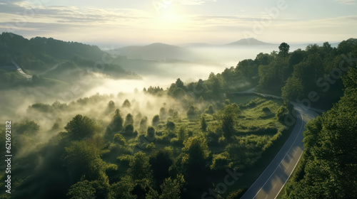 The view of green trees and roads from the top of the hill