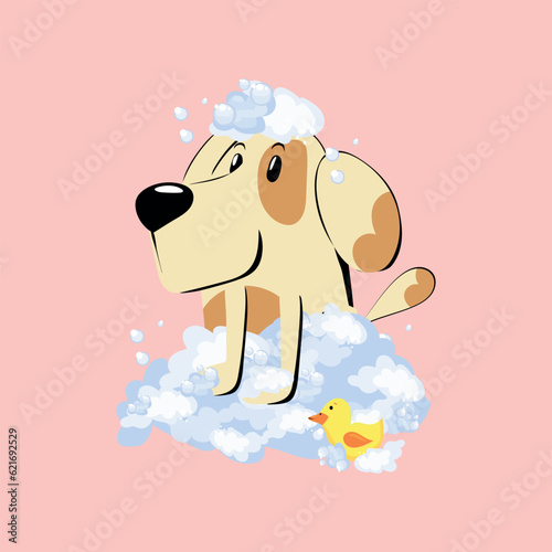 The Cute dog in a bubbles bath in a flat style. Grooming. Pet care illustration for content, label, banner, graphic and greeting card