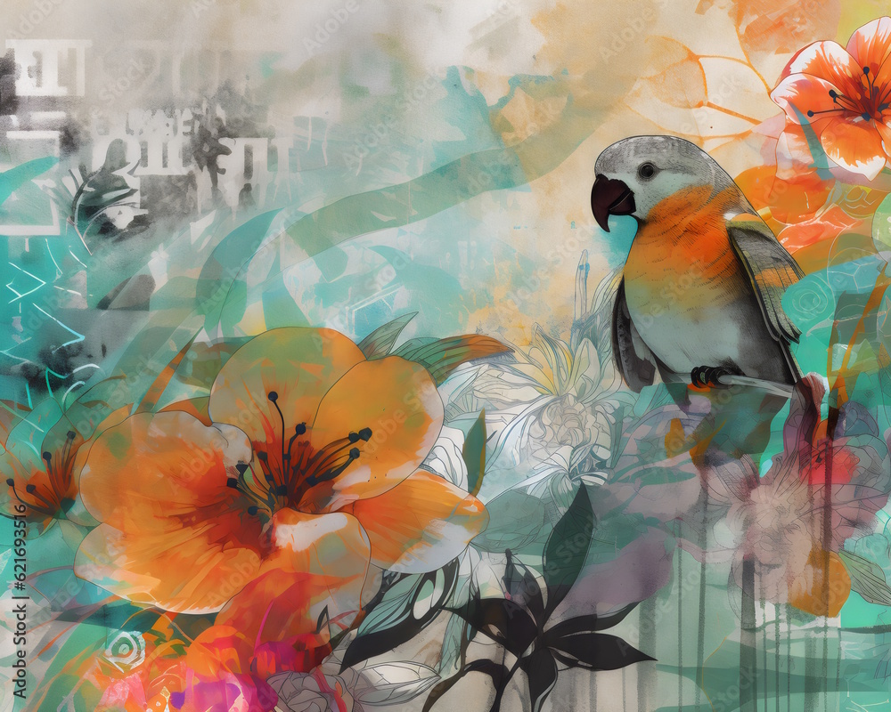 Mutiple textures of tropical collage with flowers, birds, lyrical, using negative space with mutiple textures, layers, pencil scribbles, modern colors. Generative AI