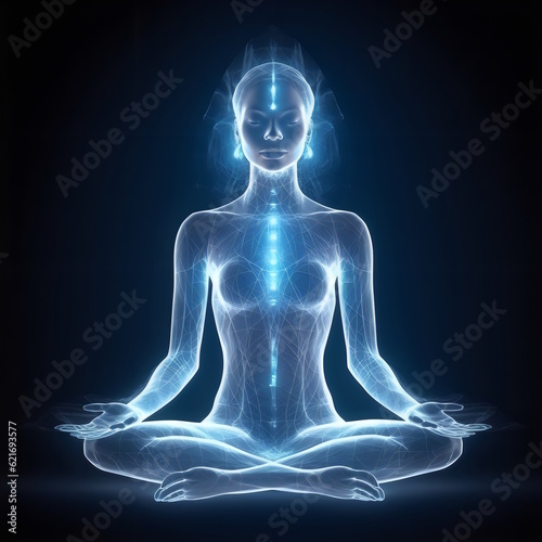 Mediating female full body, transparent radiant aura with a blue glow phantom with chakras in a pose of meditation and extraterrestrial knowledge. Generative AI