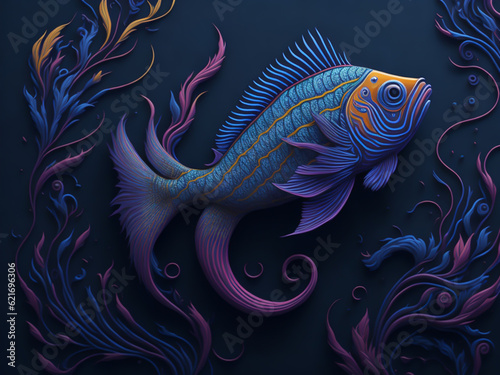 Mesmerizing blue fish glides through the water  adorned with intricate and vibrant patterns.