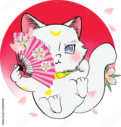 white cute cat holding fan. Japanese Chinese Lucky Cat