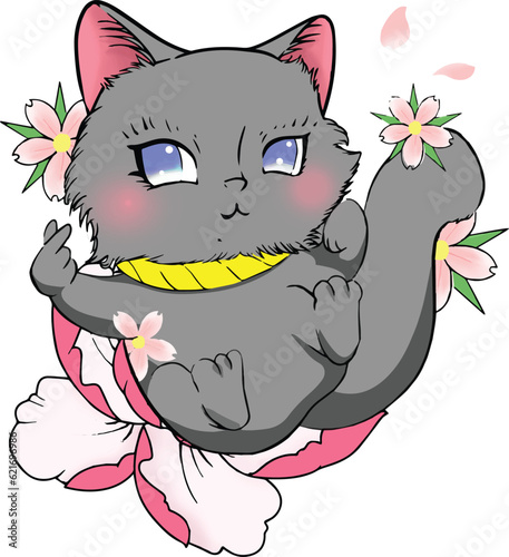 black cute lucky cat with flower background