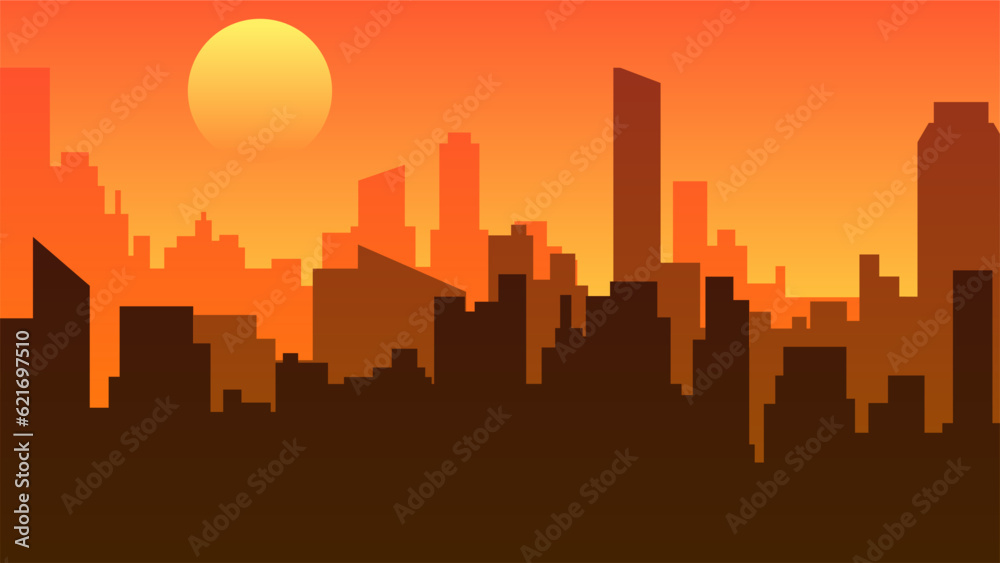 City landscape vector illustration. Urban silhouette with skyline building and sunset sky. Cityscape silhouette landscape for background, wallpaper, display or landing page. Vector gradient style