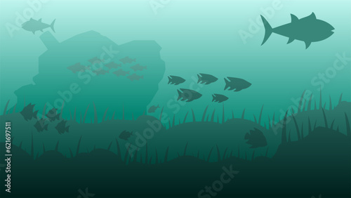 Underwater landscape vector illustration. Deep sea landscape with fish  coral reef and shipwreck. Sea world silhouette landscape for background  wallpaper  display or landing page. Vector background