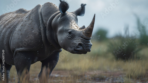 African white rhino in the studio dark background. Closeup with gray dry skin outside in natural sunlight with two horns rhinoceros